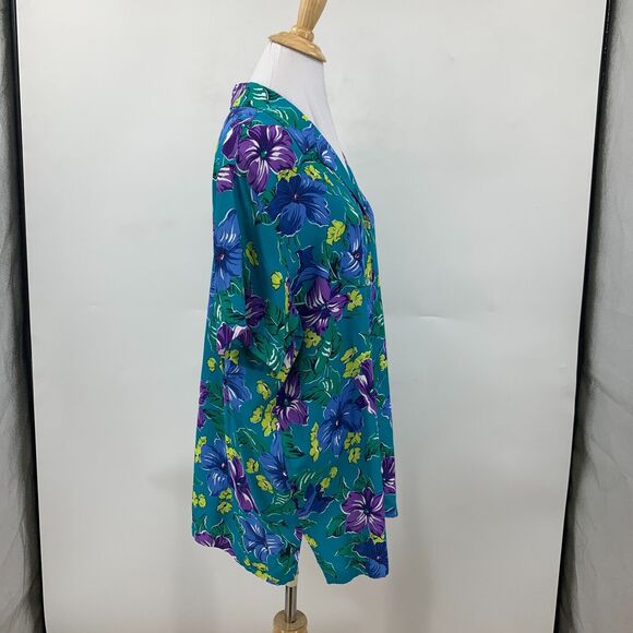 Jones New York Hawaiian Shirt Womens 12 Teal Floral Rayon Short Sleeve Button Up - Picture 6 of 13